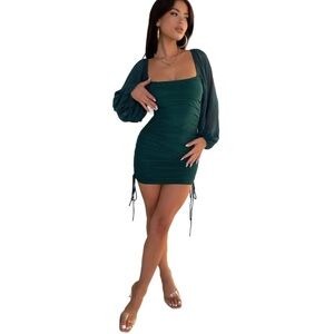 THATSSOFETCH “Lorde” Ruched Sheer Balloon Sleeve Mini Dress in Emerald Green